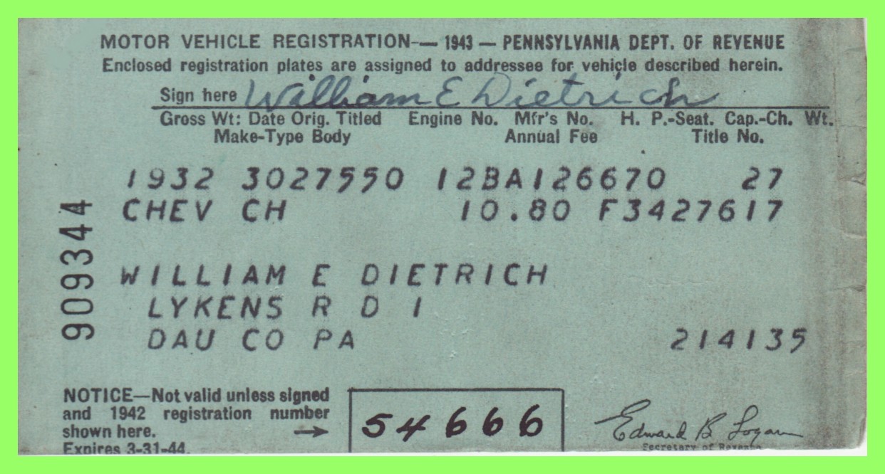 Pennsylvania Motor Vehicle Registration, 1943 – Lykens Valley: History